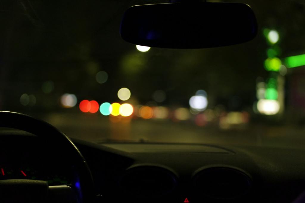 Point of view from the driver's seat at night.
