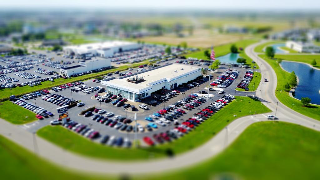 An aerial photo of a car sale lot.